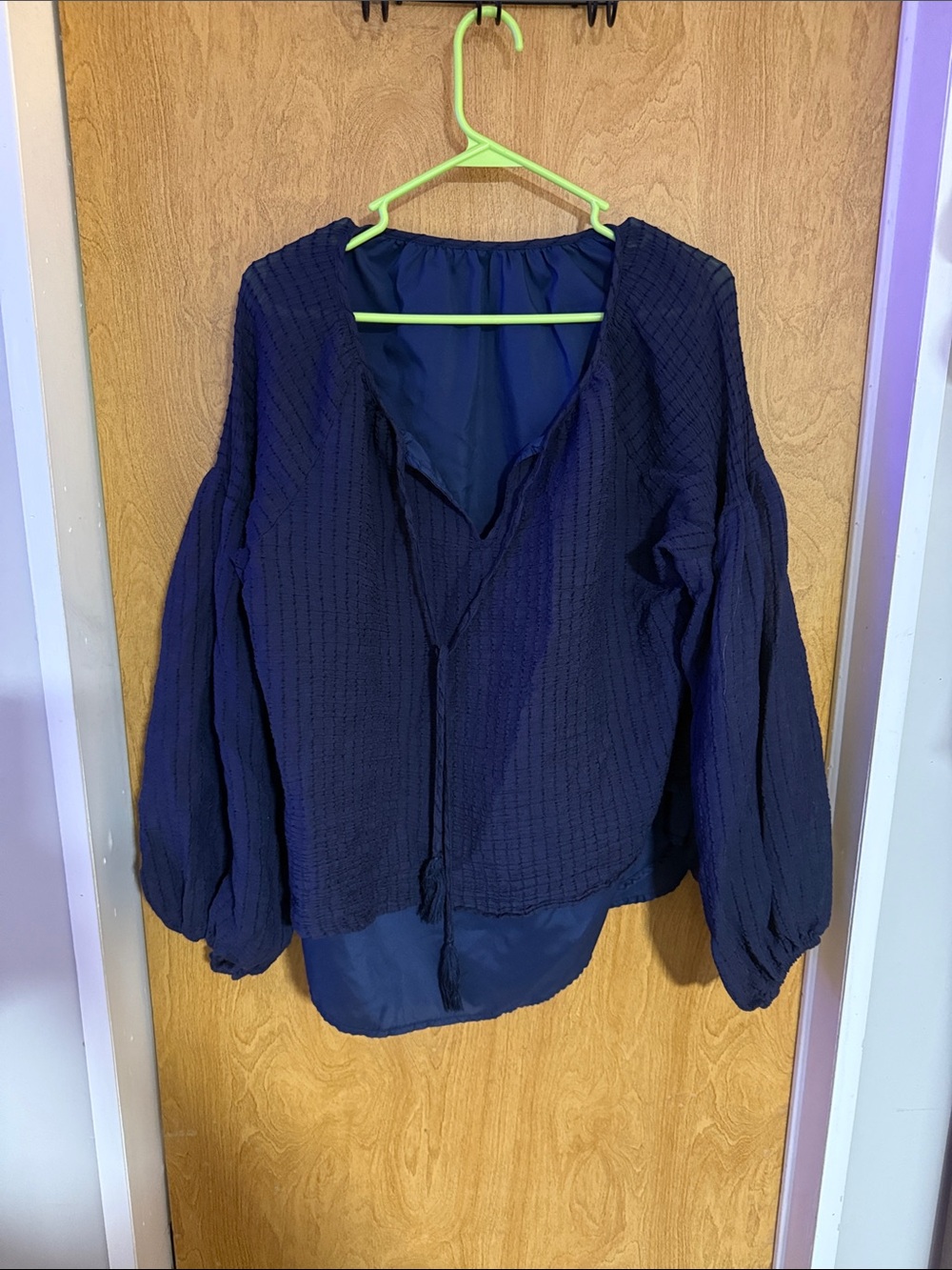 Navy Textured Long Sleeve Tie-Front Blouse